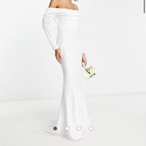 ASOS DESIGN Elodie long sleeve satin drape bardot wedding dress in ivory